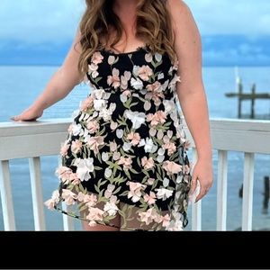 ASOS LUXE 3D floral square neck caged mini dress in black floral